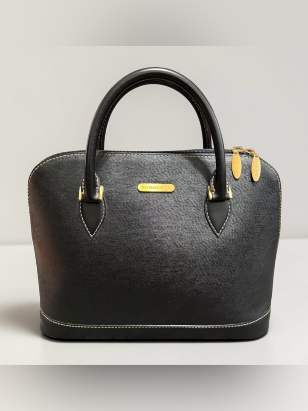 Burberry Black Leather Dome Bowler HandBag Nova Check Gold Hardware